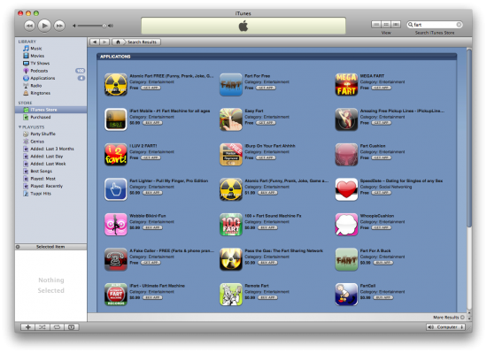 Dezenas e mais dezenas de resultados de uma busca por "fart" na App Store