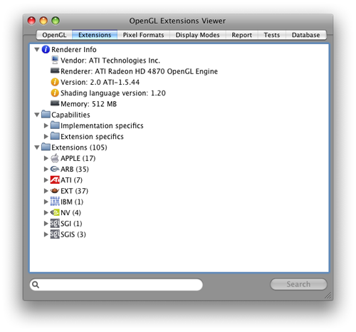 Suporte a GPUs ATI Radeon no Mac OS X 10.5.7 Indicação de suporte a GPUs ATI Radeon no Mac OS X 10.5.7 - OpenGL Extensions viewer