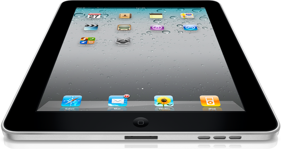 iPad grande, visto de frente e de baixo, com iOS 4.2