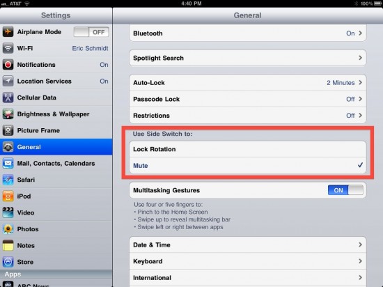Opção do switch do iPad no iOS 4.3