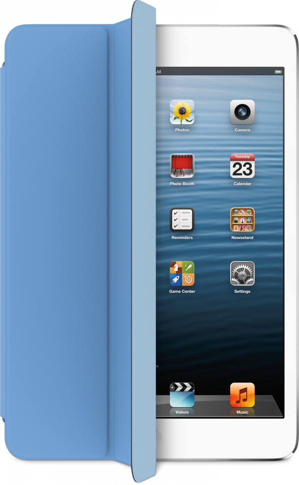 iPad mini de frente, com Smart Cover azul