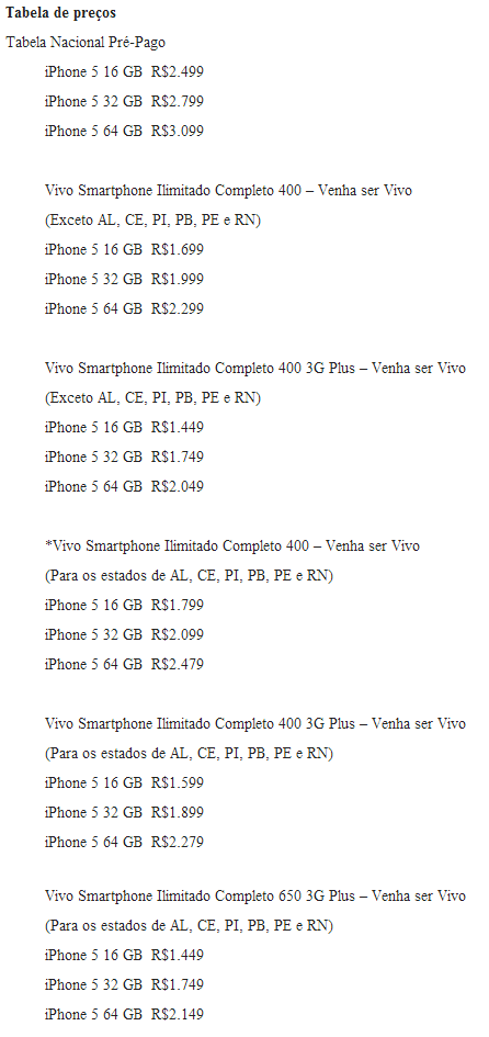 Tabela de preços dos iPhones 5 atrelados a planos - Vivo