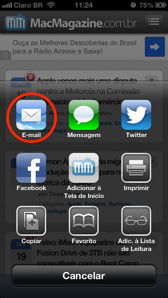 Enviando uma página pelo Mail (iOS)
