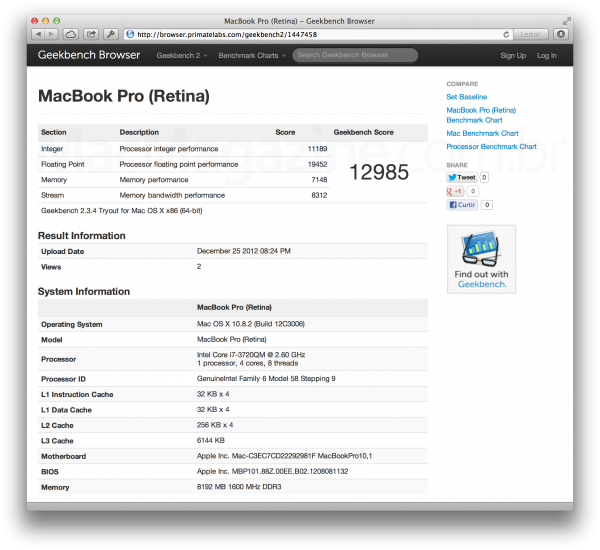Geekbench no MacBook Pro Retina