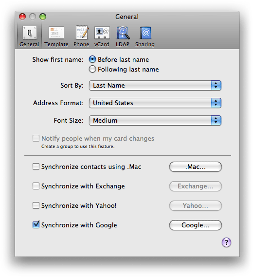 Mac OS X 10.5.3 sync Google Contacts
