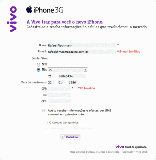Formulário do iPhone 3G no site da Vivo
