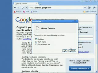 Integração do Google Gears com o Calendar, oferecendo ao usuário a possibilidade de criar atalhos no Desktop, menu Iniciar ou na barra de inicialização rápida