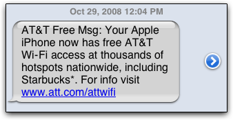 SMS da AT&T enviado aos seus clientes sobre a disponibilidade de conexão Wi-Fi gratuita