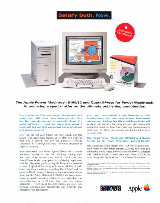 1994 - Anunciando a venda do Power Macintosh 8100 e QuarkXPress com desconto.