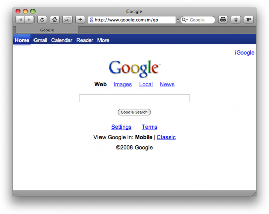 Homepage do Google para o iPhone no Safari