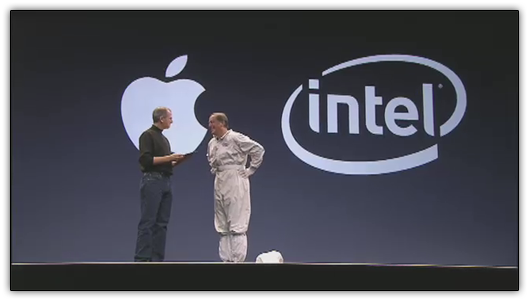 Steve Jobs e Paul Otellini anunciando a transição para processadores Intel na Macworld 2006