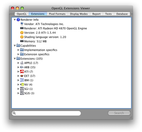 Indicação de suporte a GPUs ATI Radeon no Mac OS X 10.5.7 - OpenGL Extensions viewer