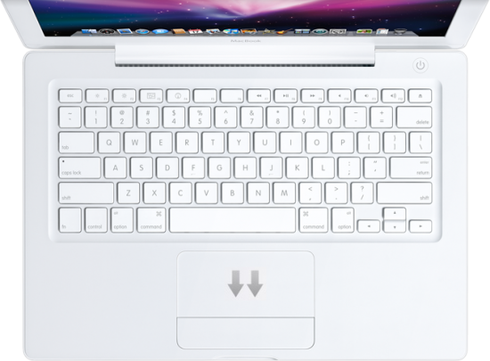 MacBook branco, com destaque para o trackpad