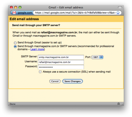 Gmail enviando mensagens via SMTP