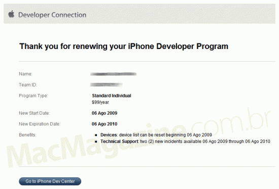 Assinatura renovada no iPhone Developer Program