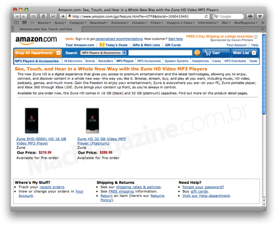 Preços do Zune HD na Amazon.com