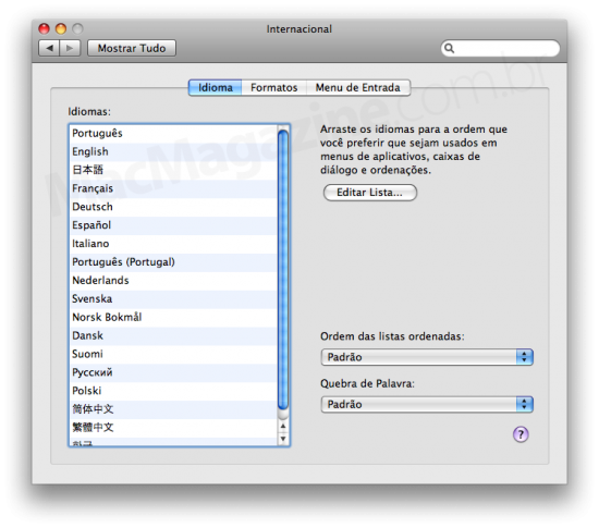 Painel International do Mac OS X