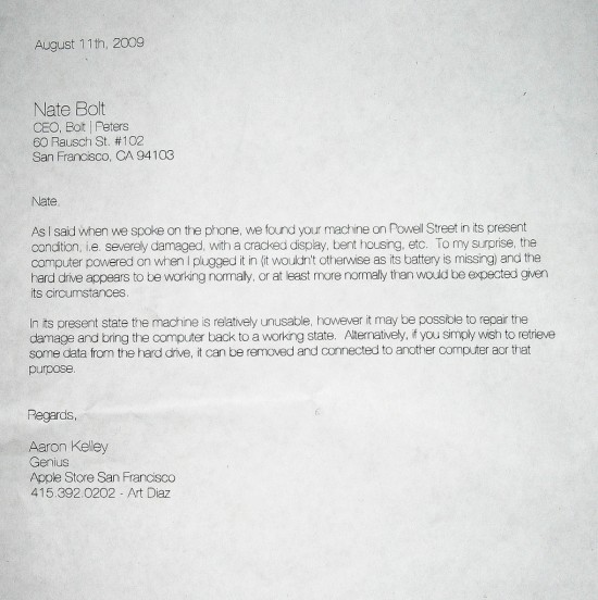 Carta enviada pela Apple a Nate Bolt