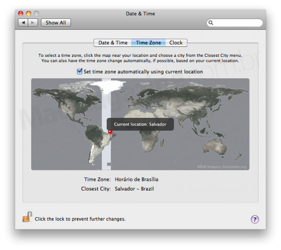 Localização de fuso horário no Mac OS X 10.6 Snow Leopard