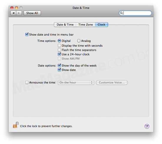 Preferências de data no Mac OS X 10.6 Snow Leopard