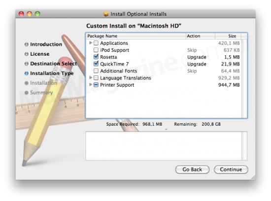 Instalações opcionais do Mac OS X 10.6 Snow Leopard