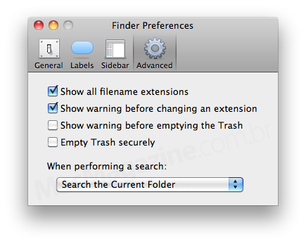 Preferências do Finder no Mac OS X 10.6 Snow Leopard