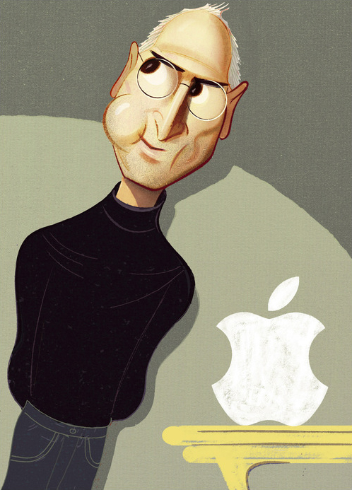 Caricatura de Steve Jobs com maçã mordida