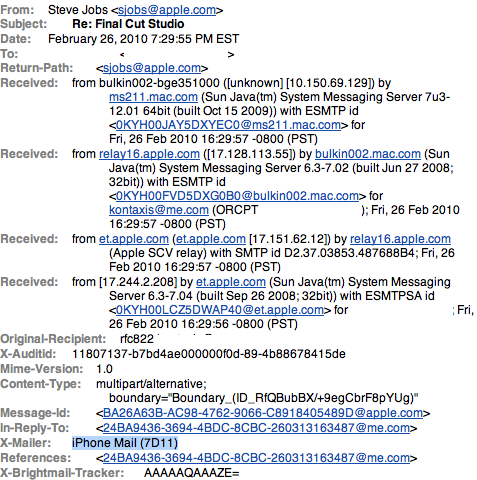 Cabeçalho de email de Steve Jobs