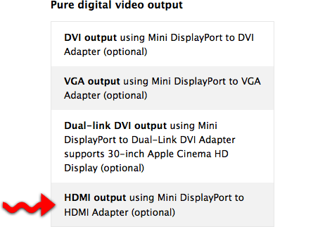HDMI output using Mini DisplayPort to HDMI Adapter (optional)