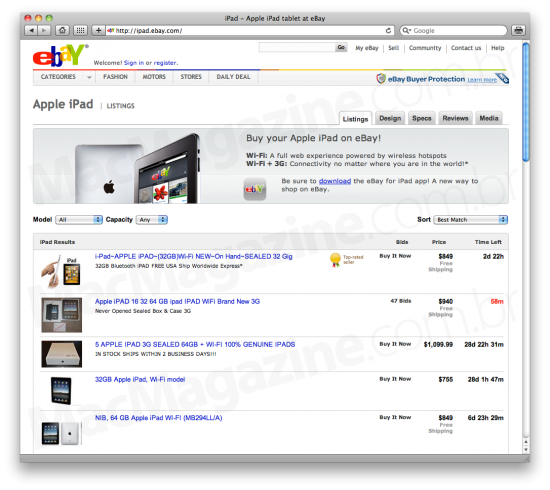 Página de iPads no eBay