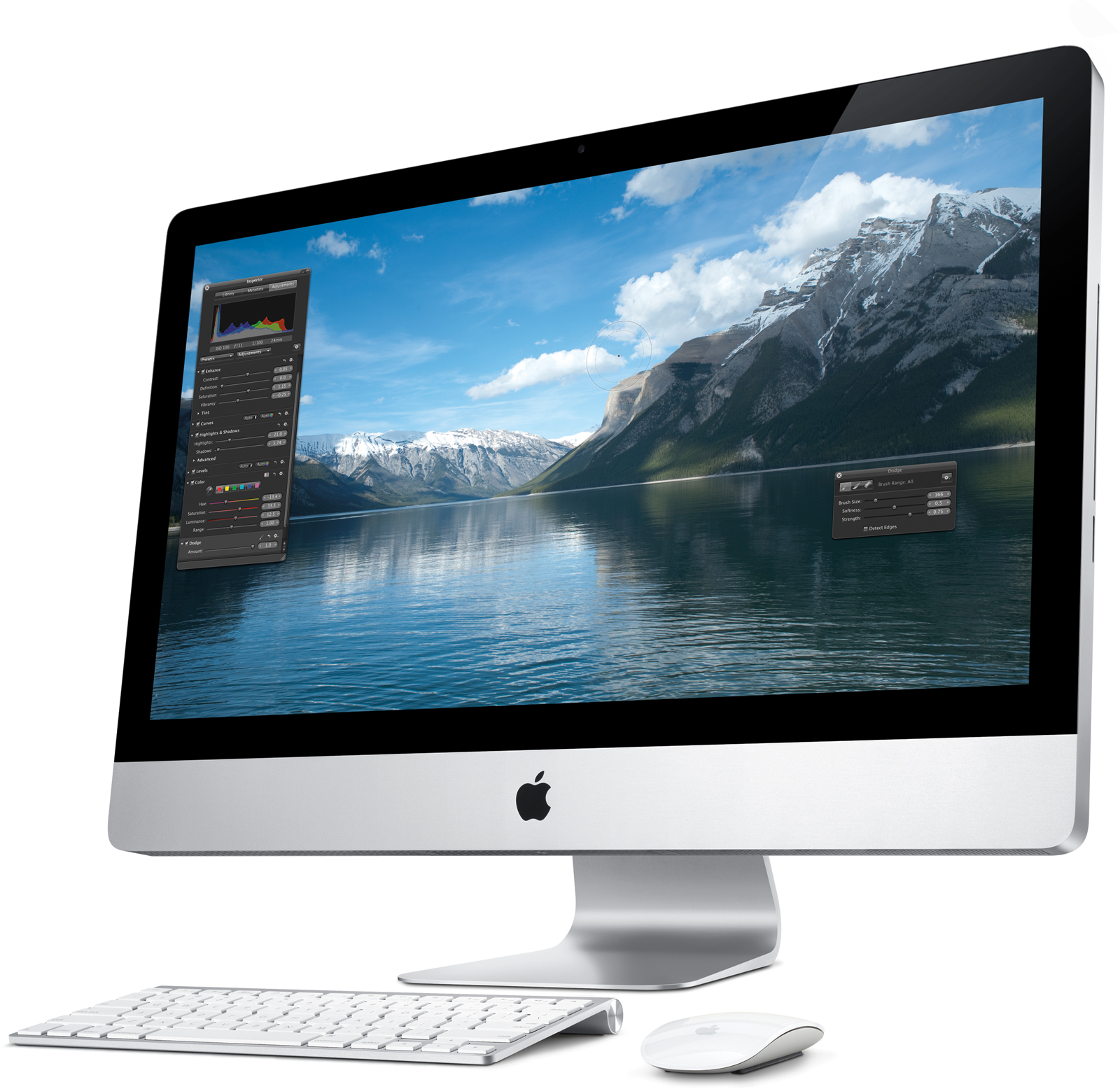 Novo iMac visto de lado, com teclado e Magic Mouse