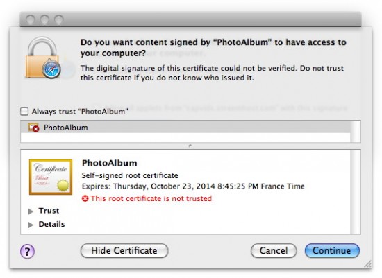 Falta de certificado do malware Koobface/Boonana