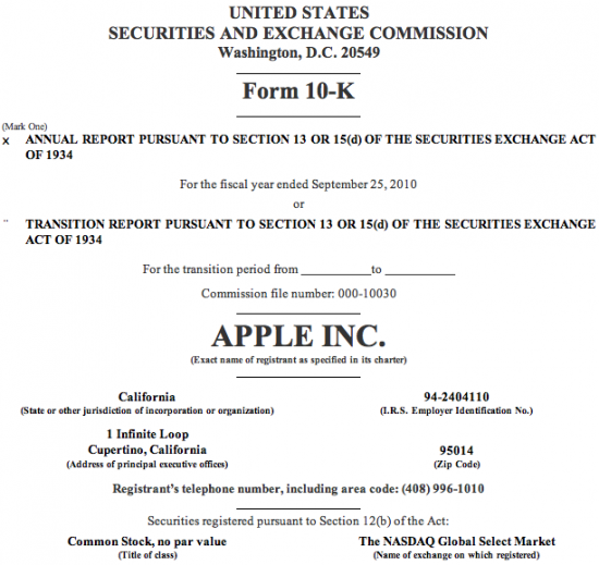 Capa de relatório 10K da Apple, 2010