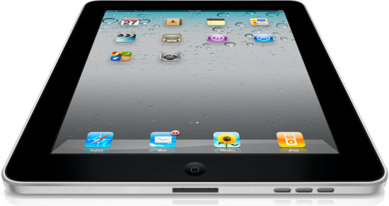 iPad grande, visto de frente e de baixo, com iOS 4.2