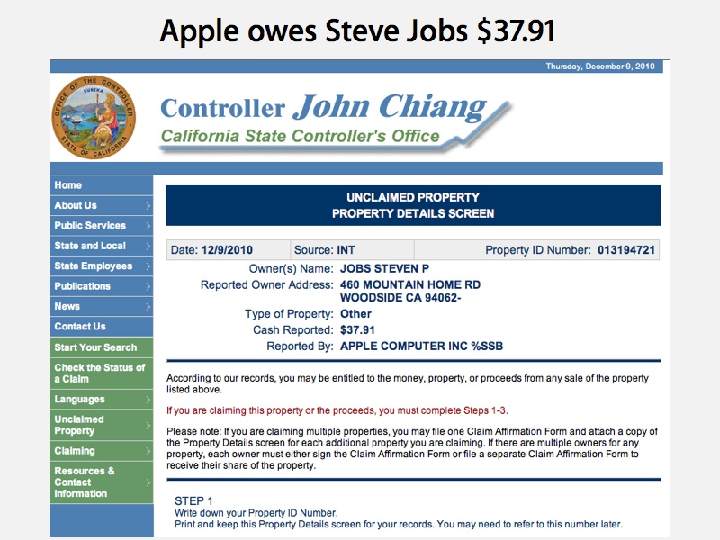 Propriedade não-reclamada por Steve Jobs