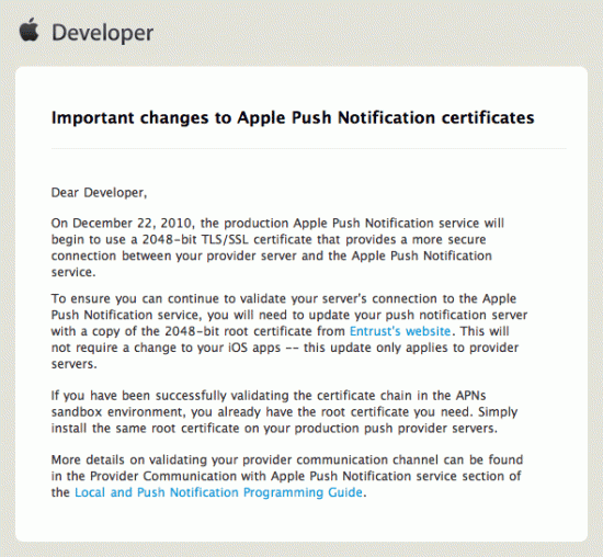 Email da Apple sobre notificações push