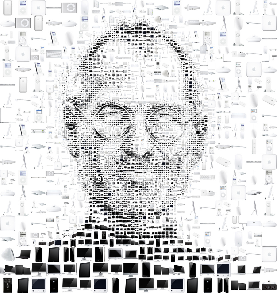 Mosaico de Steve Jobs com produtos da Apple