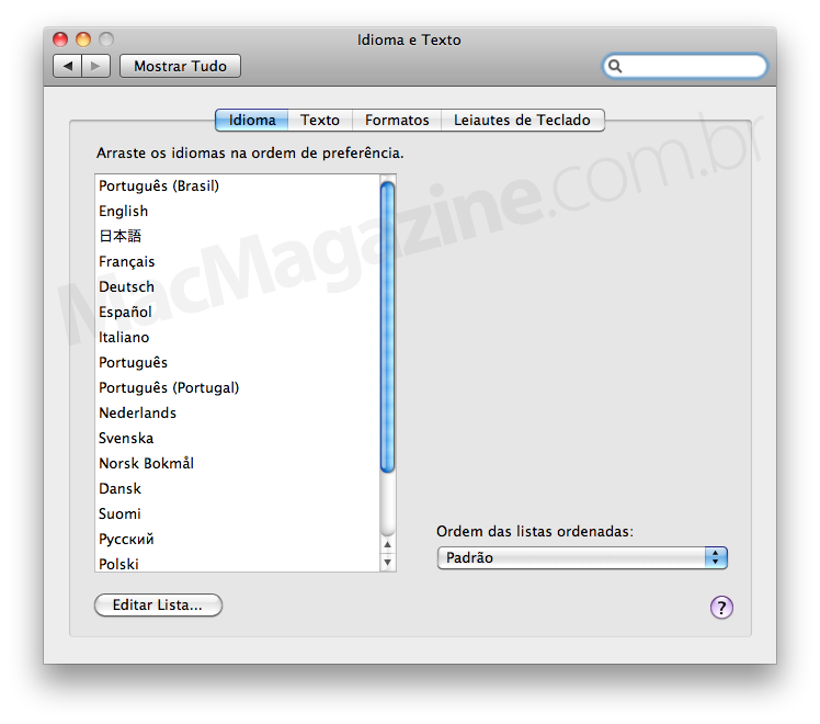 Lista de idiomas no Mac OS X