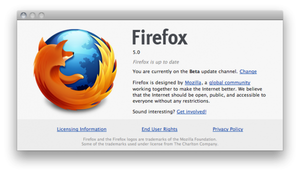 Janela About do Firefox 5.0 Beta