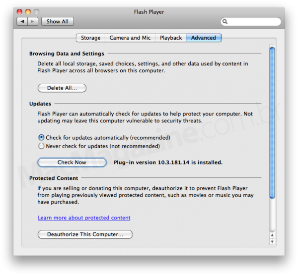 Painel do Flash Player no Mac OS X