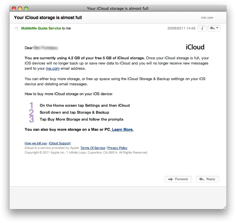 Email para comprar mais espaço no iCloud