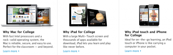 Página voltada para estudantes no Apple.com