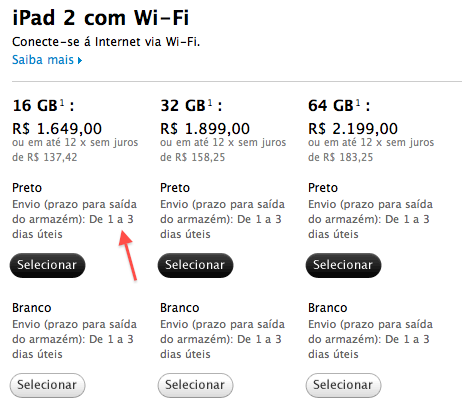 Prazo de envio do iPad 2 na Apple Online Store Brasil
