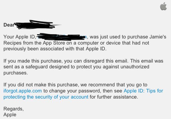 Email enviado pela Apple contra fraude na App Store