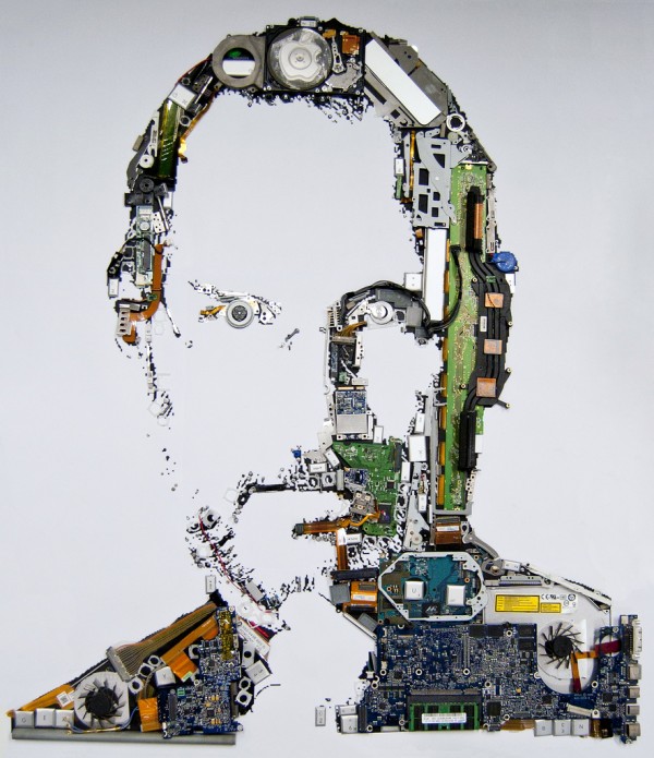 Retrato Steve Jobs com peças de um MacBook Pro