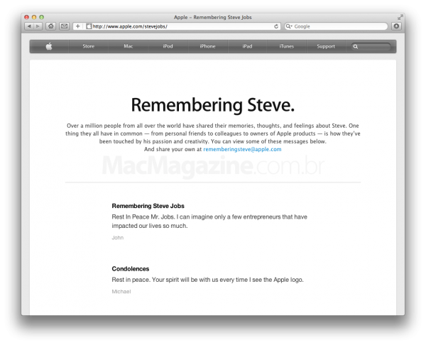 Página em homenagem a Steve Jobs no site da Apple