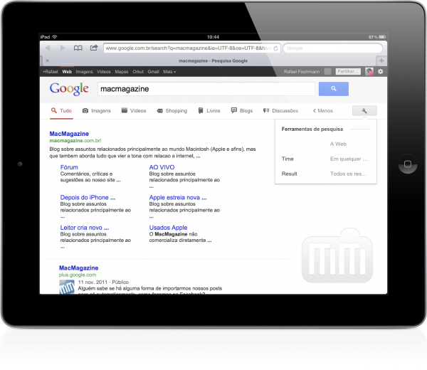 Interface de buscas do Google no iPad