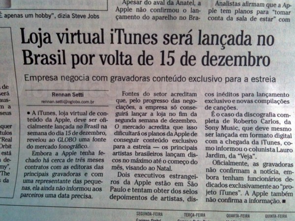 O Globo sobre iTunes Brasil