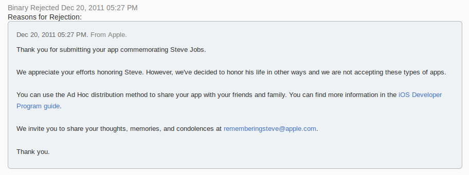 Mensagem de rejeição de app em homenagem a Steve Jobs