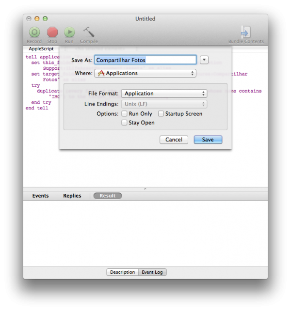 Criando um aplicativo no AppleScript Editor - Compartilhar Fotos